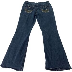 Moto Blues Y2K Womens 12 Bling Flared Ramie Cotton Denim Jeans Flap Pocket